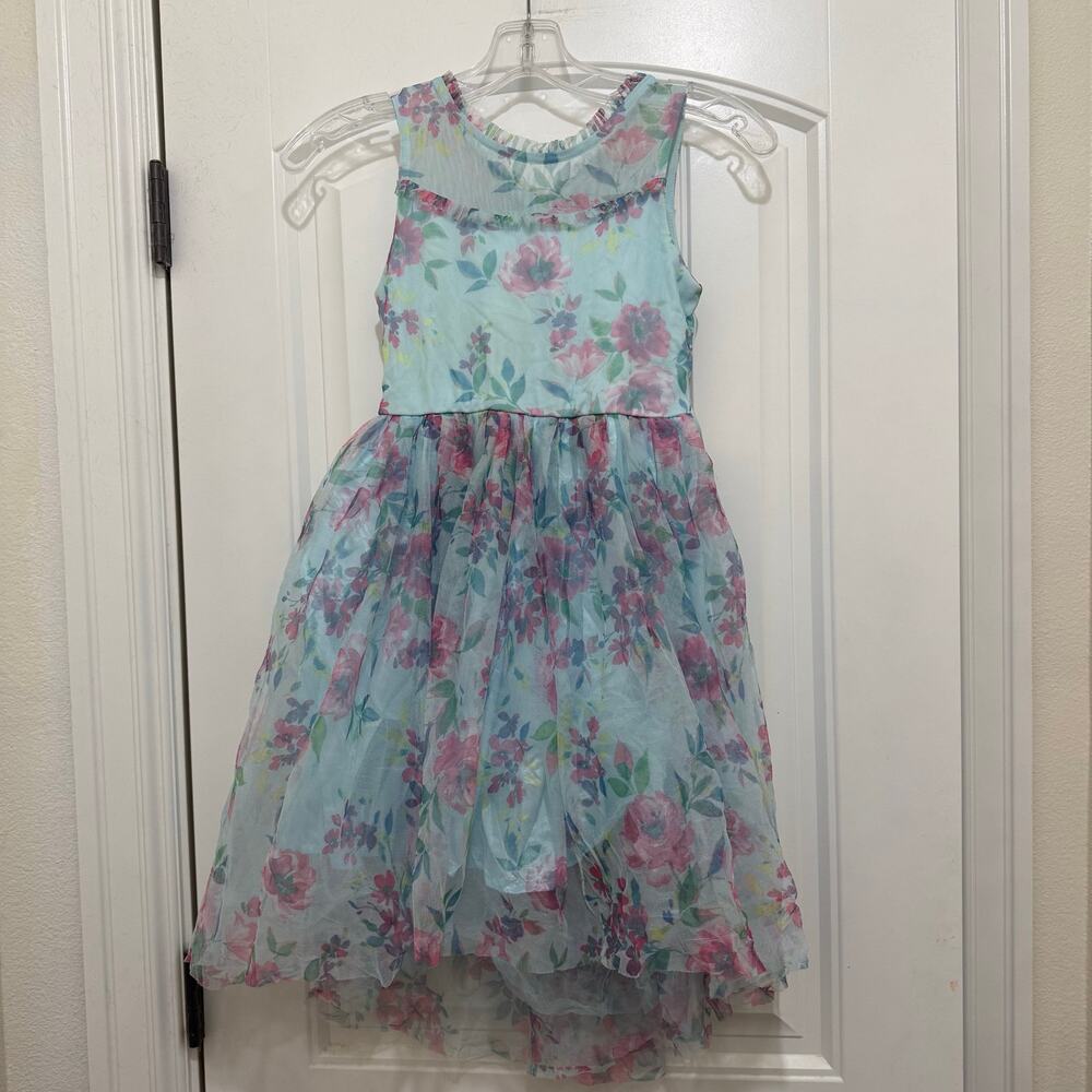 Zunie Blue Pink Floral Tulle Sleeveless Formal Dress Kids Girls 7/8 EUC